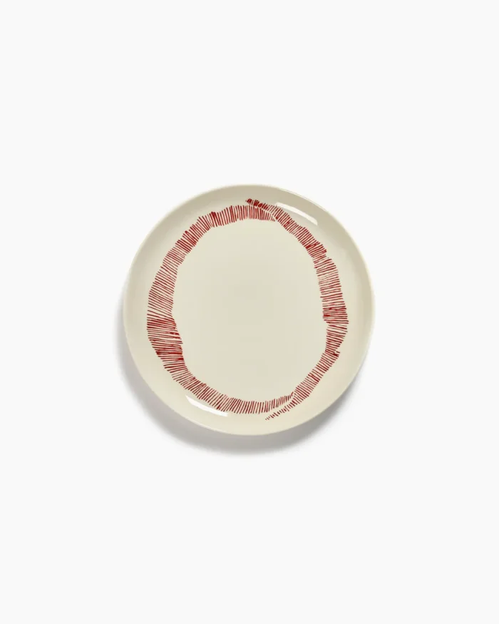 PLATE FEAST M L22,5 x W22,5 x H2 CM WHITE SWIRL-STRIPES RED