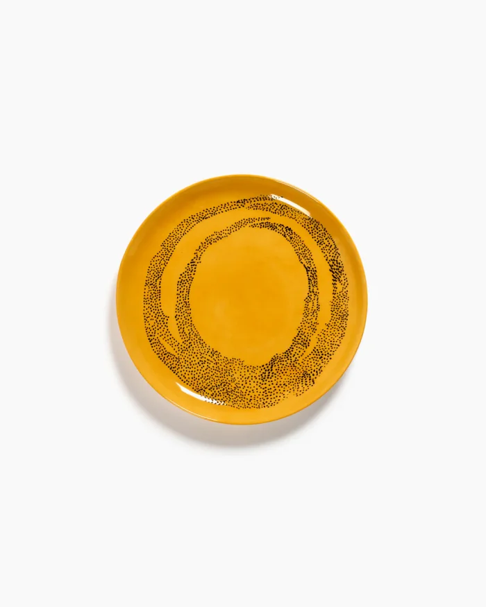 PLATE FEAST M L22,5 x W22,5 x H2 CM SUNNY YELLOW SWIRL-DOTS BLACK