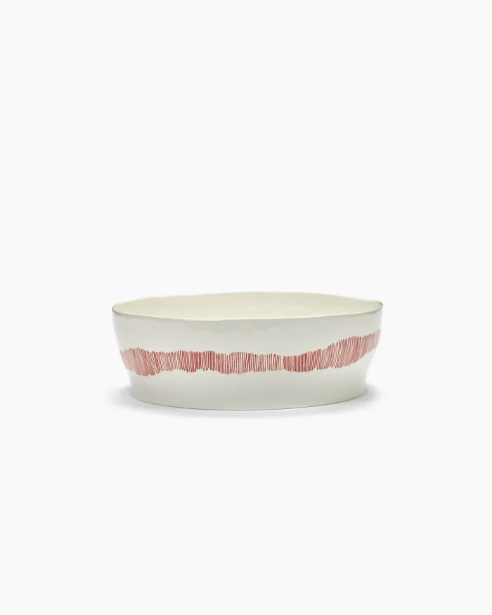 SALAD BOWL FEAST L28,5 x W28,5 x H9,5 CM WHITE SWIRL-STRIPES RED