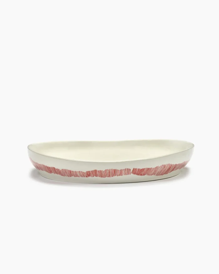 SERVING PLATE FEAST M L36 x W36 x H6 CM WHITE SWIRL-STRIPES RED